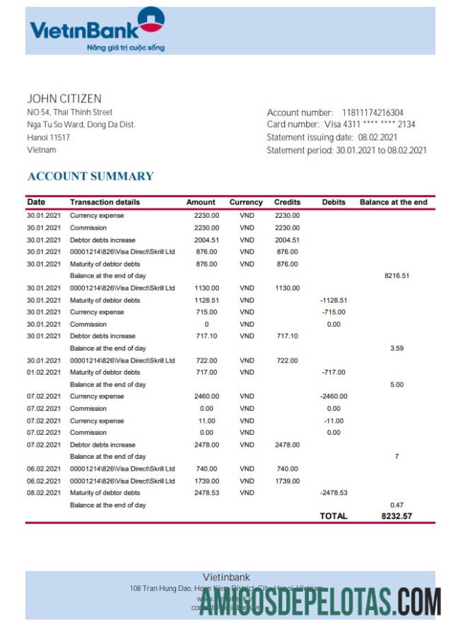 Vietnã Vietinbank Excel Pdf modelo